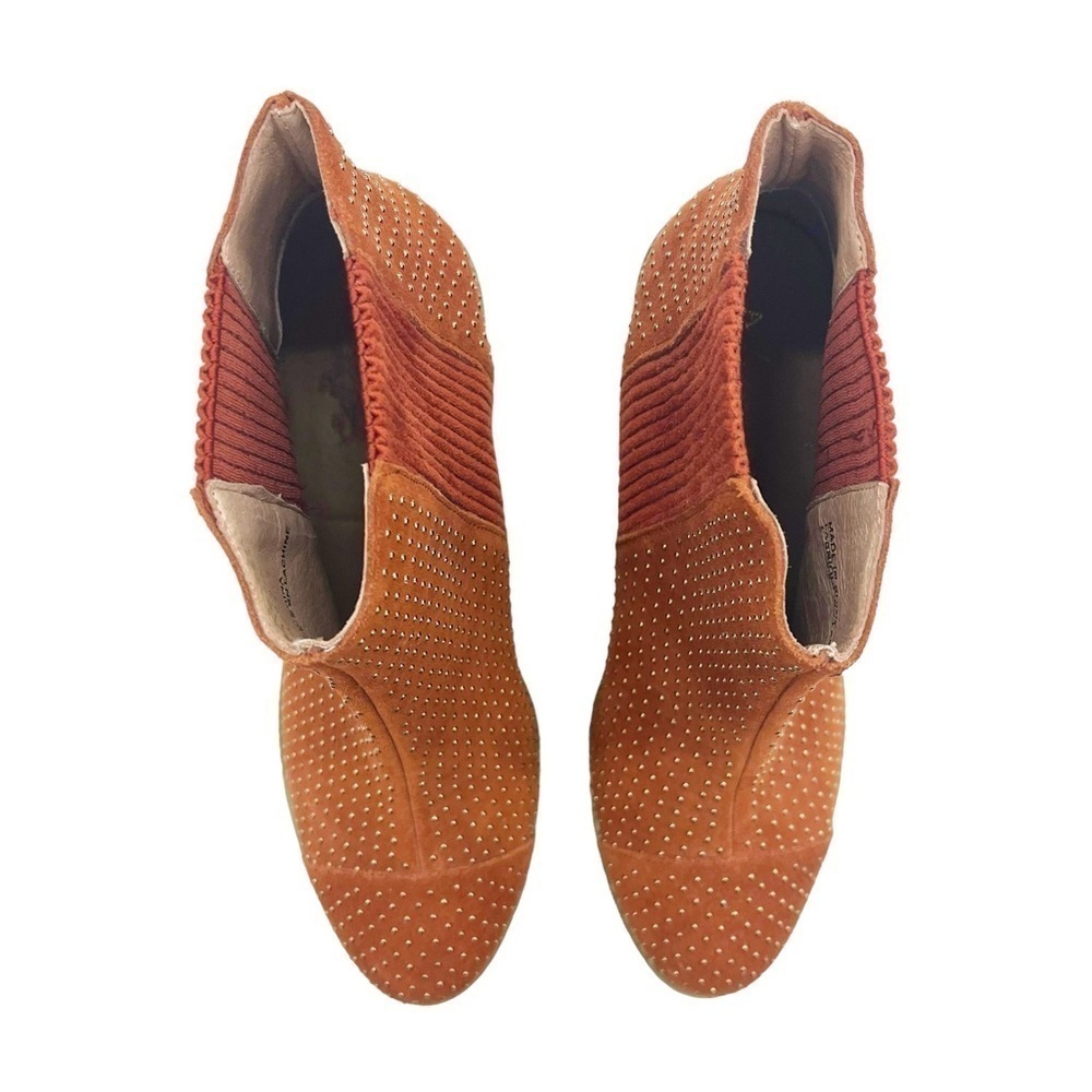 Anthropologie Faux Suede Gold Studded Stack Heel Pull On Boots Rust Orange 6.5 - Picture 7 of 11